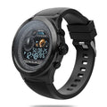 Smart watch with round screen, silicone strap, 45x49mm body, 14.5mm thick, heart rate and pedometer functions.