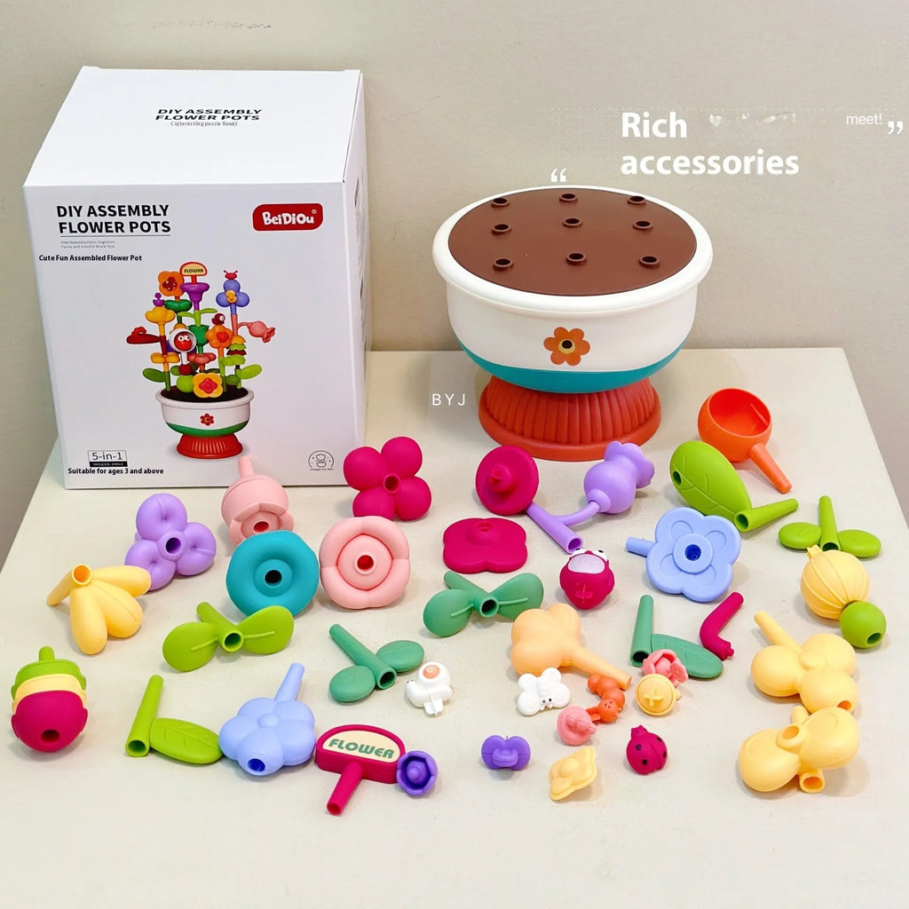 Cute assembly flowerpot building blocks plastic set in colour box packaging with flower garden design