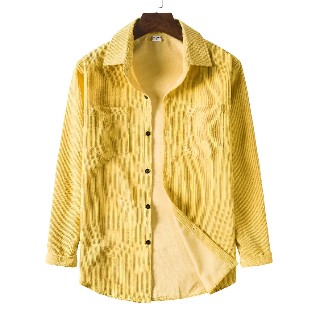 Men's fitted yellow corduroy cardigan with pointed collar and long sleeves on a plain background