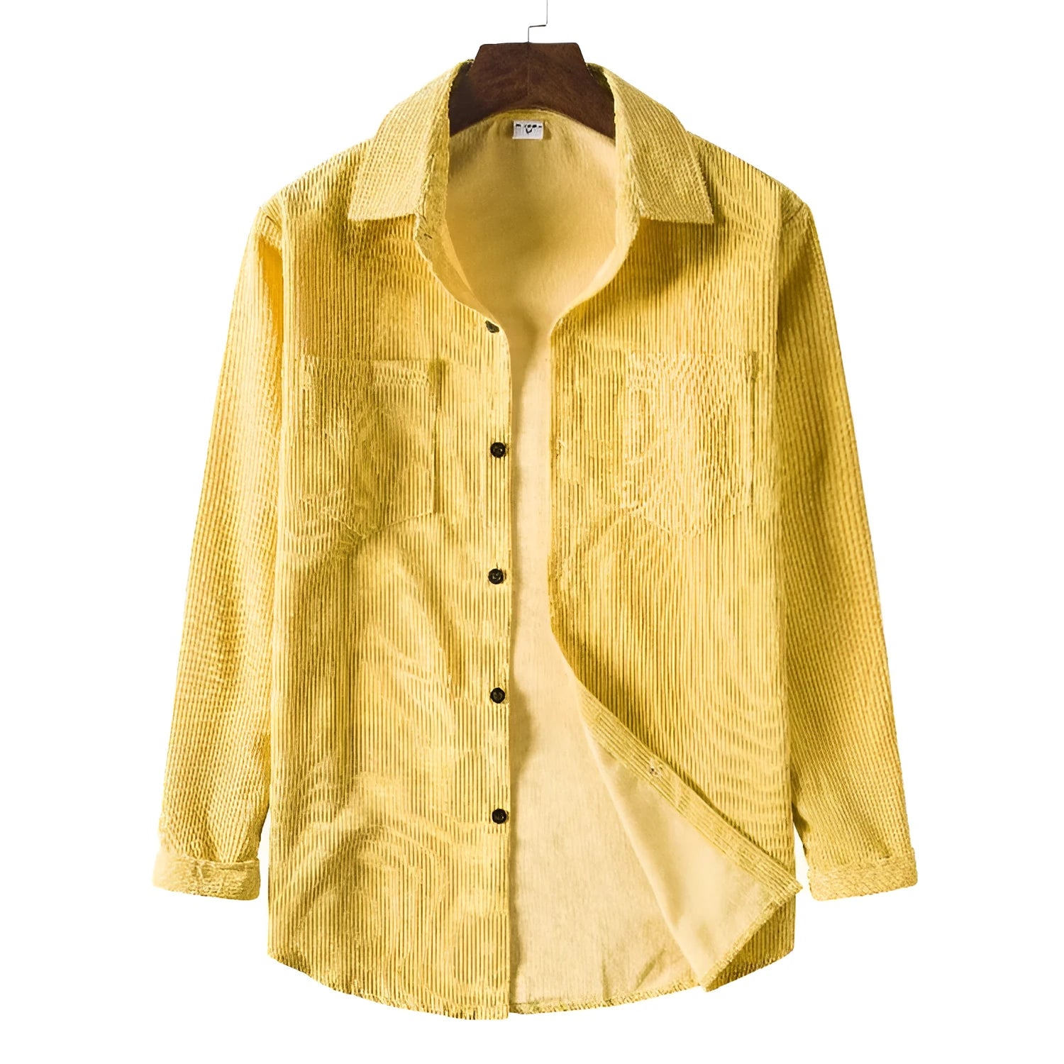 Men's fitted yellow corduroy cardigan with pointed collar and long sleeves on a plain background