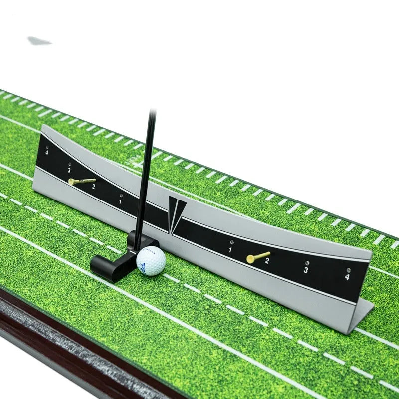 Golf putter trajectory balance simulator with adjustable PVC push rod on a green carpet