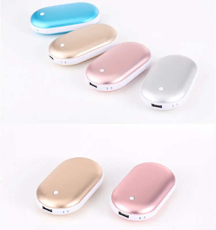 Rechargeable hand warmer and power bank in rose gold, local gold, titanium silver, sky blue, or digital display colours