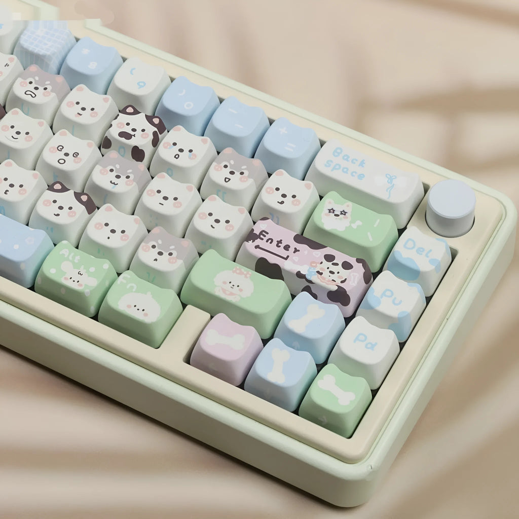 PBT plastic keycap set featuring colourful puppy design for mechanical keyboards