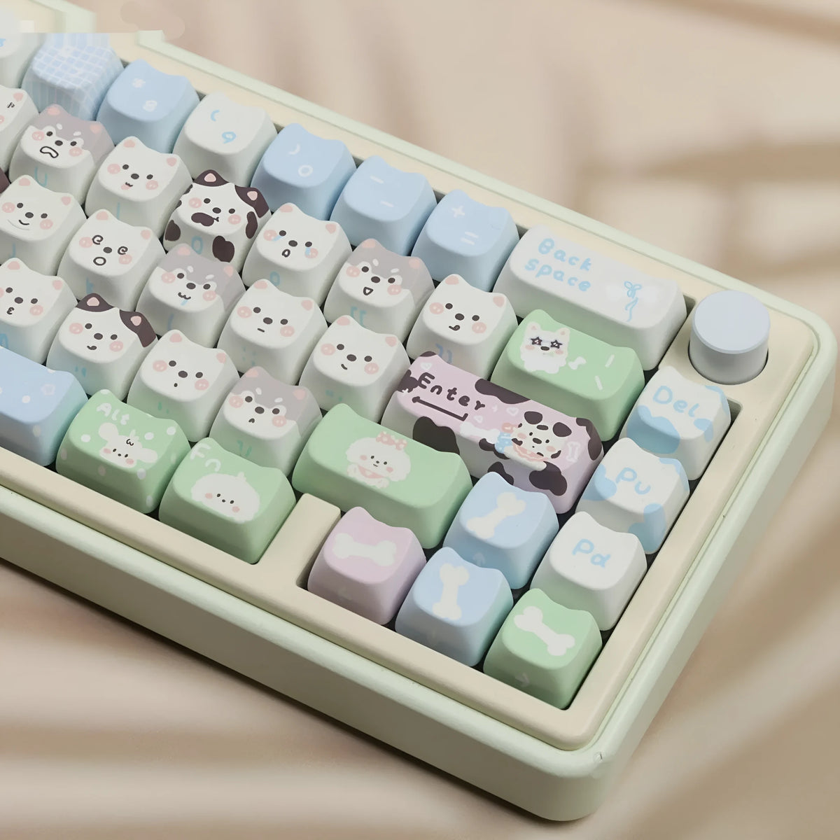 PBT plastic keycap set featuring colourful puppy design for mechanical keyboards