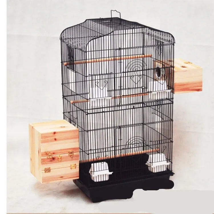 Portable black wire bird cage for small to medium parrots, 45.5x35x93.5cm, with wooden poles and plastic food cups