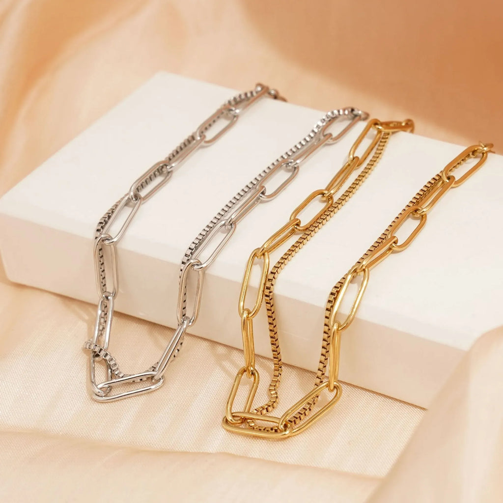 Double layer titanium steel women's bracelet with geometric lines in gold or silver finish