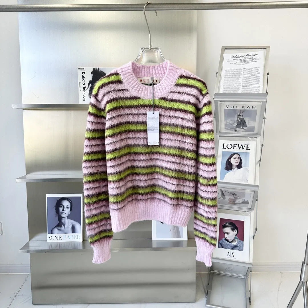 Pink wool knitted cardigan sweater with contrast colour elements and regular sleeves