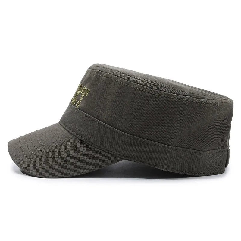 Men's flat-top peaked cap in cotton with adjustable strap, shown in army green colour.