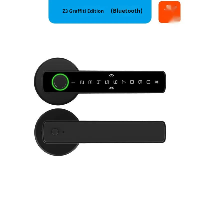 Black smart door lock with fingerprint scanner and credit card-style doodle board for wooden interior doors