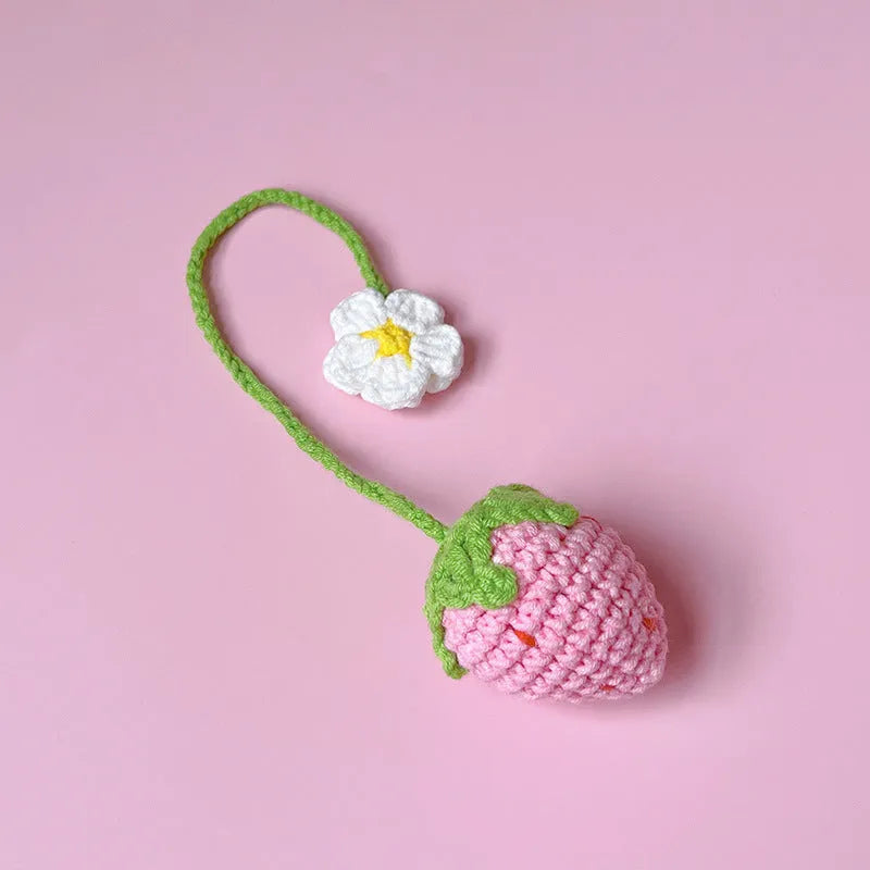 Handmade wool crochet strawberry pendant necklace on a 35cm chain in red colour option.