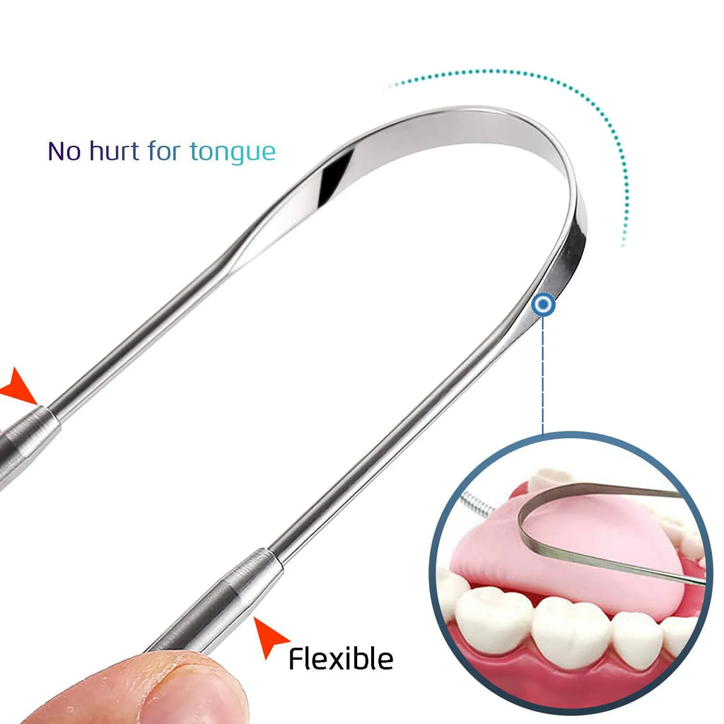Stainless steel tongue scraper set with U-shaped and spoon type scrapers in pearlescent bags
