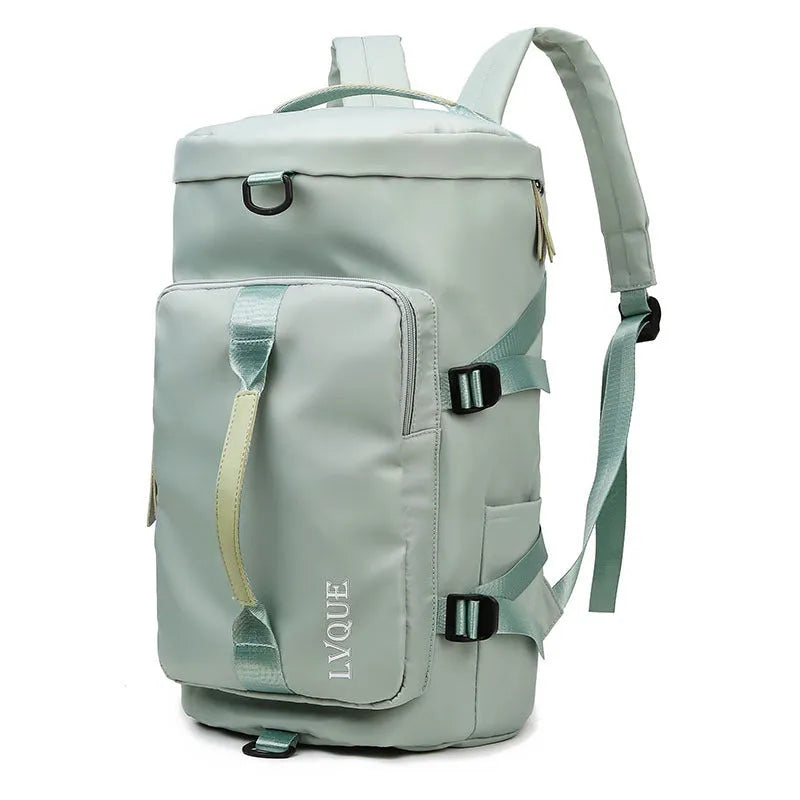 Waterproof nylon gym backpack showing shoe compartment, multiple pockets, and combination lock in blue colour
