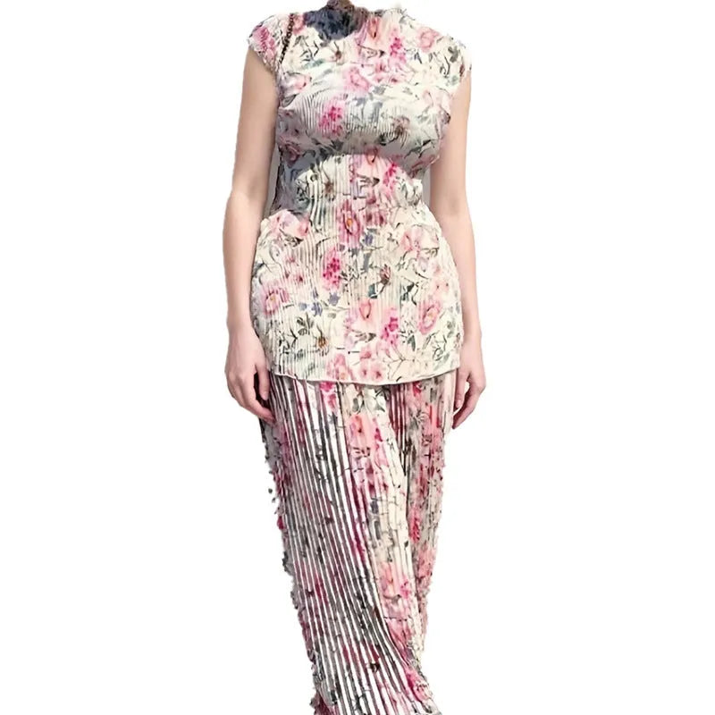 Long sleeve high waisted printed chiffon dress set shown in picture colour.