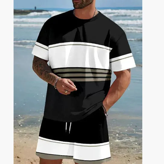 Men's short-sleeved T-shirt and shorts suit set in loose fit polyester summer leisurewear