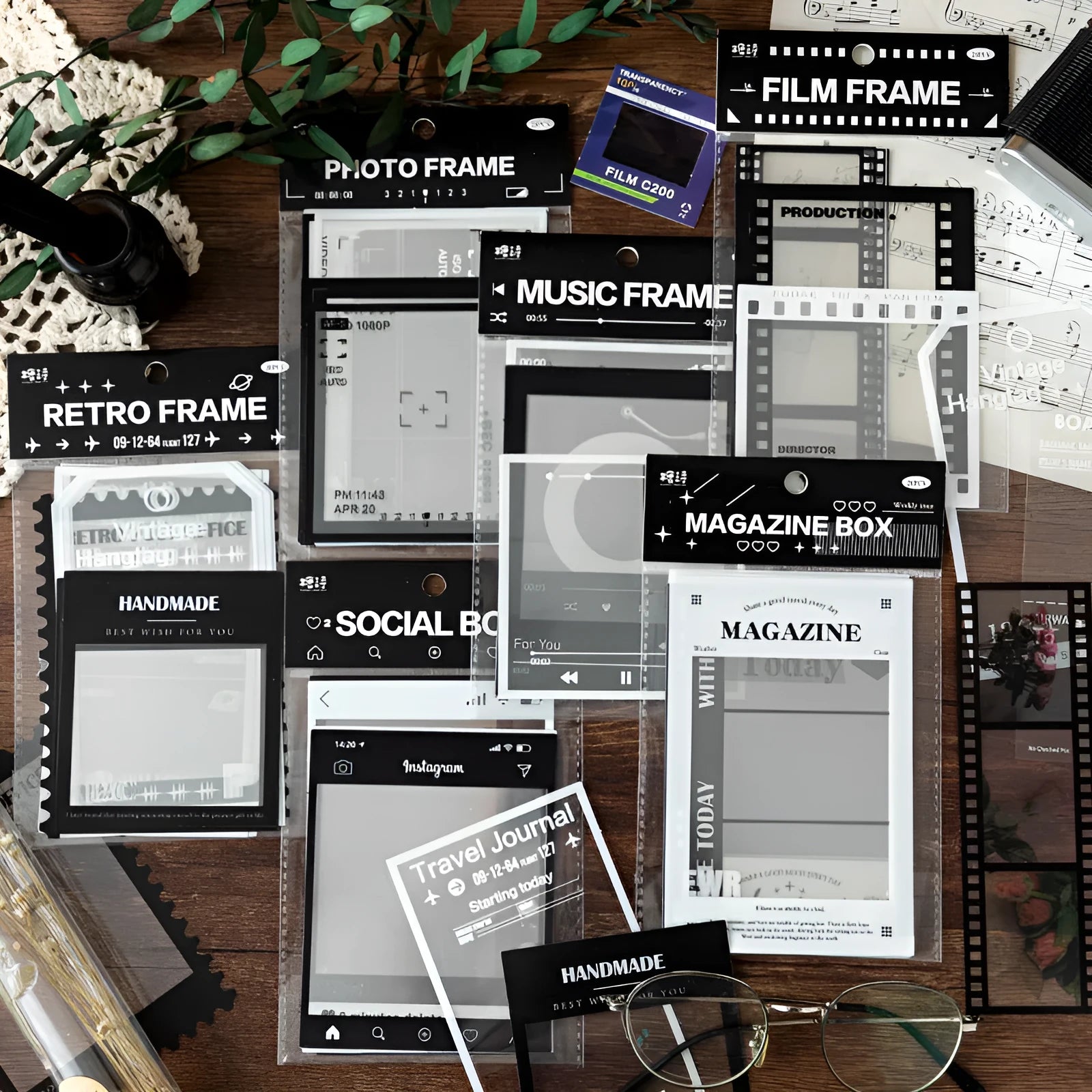 Pack of 15 transparent retro-themed decorative stickers including film, music, and photography frames.