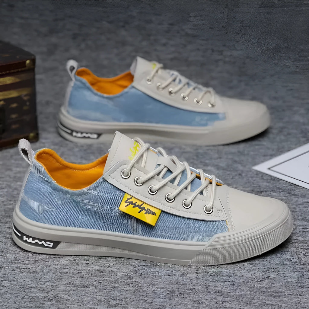 Men's dark blue canvas lace-up casual shoes with round toe and rubber sole
