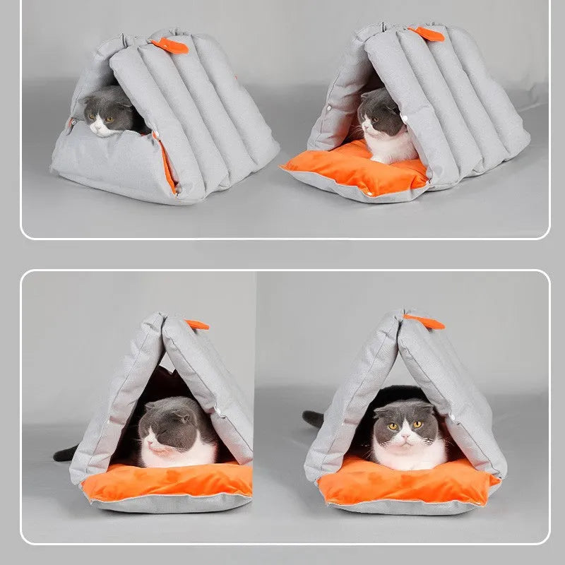 Blue triangular cotton cat bed with drilled holes for stacking, measuring 45x38x38cm
