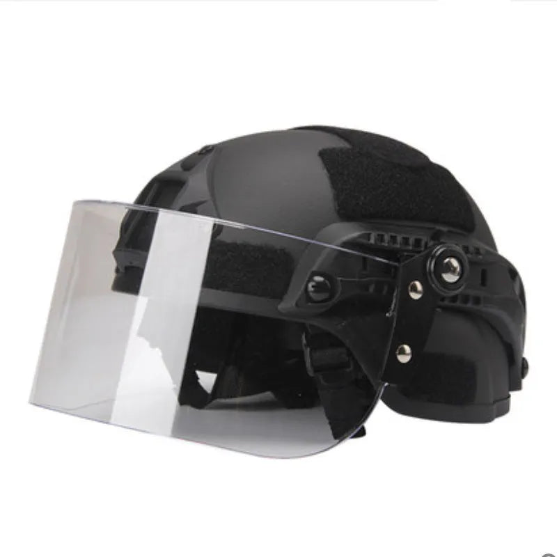 Transparent polycarbonate full face shield for safety helmet mounting.