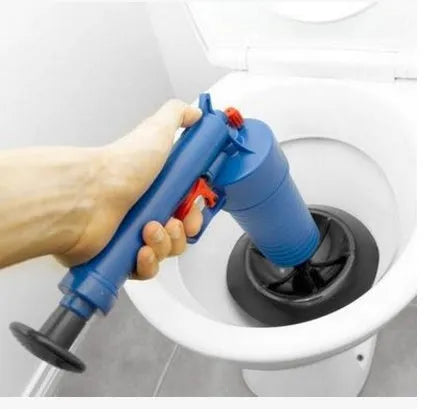 Plastic high-pressure drain blaster gun with four different size adaptor suckers for unblocking sinks and toilets.