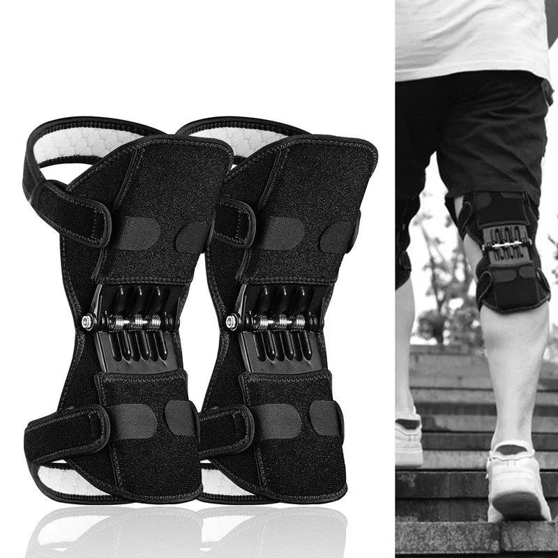 Black adjustable knee brace with patella support and visible booster spring mechanism for sports.