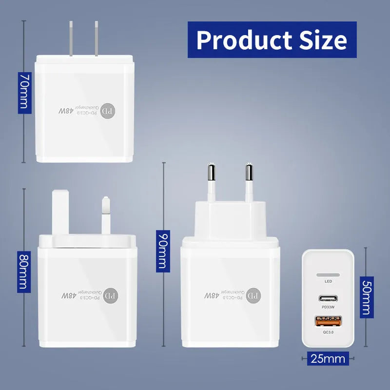 PD48W fast travel charger with USB-C port, indicator light, and choice of US, UK, or EU plug in black or white.