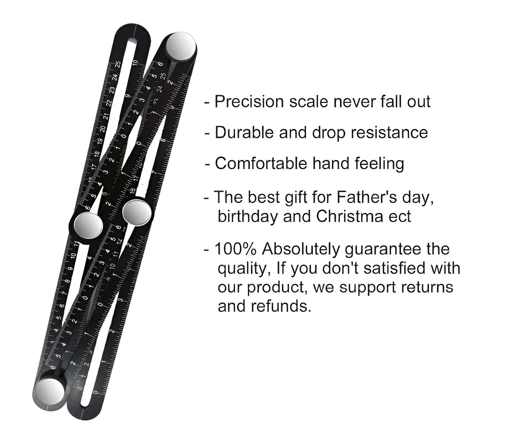 Four-sided aluminium alloy ruler template tool with 1 mm accuracy, measuring inches and centimetres for marking shapes and angles