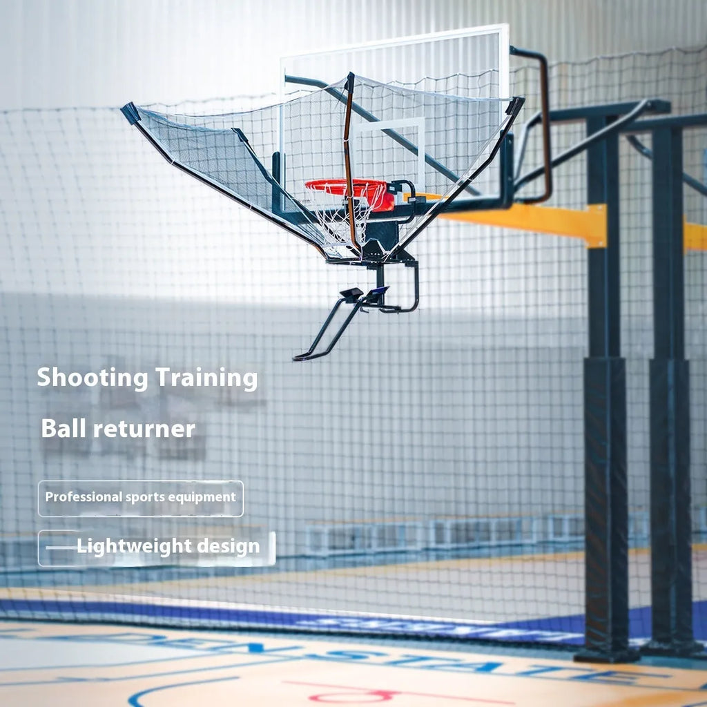Automatic basketball return training machine hanging on a hoop for solo shooting practice.