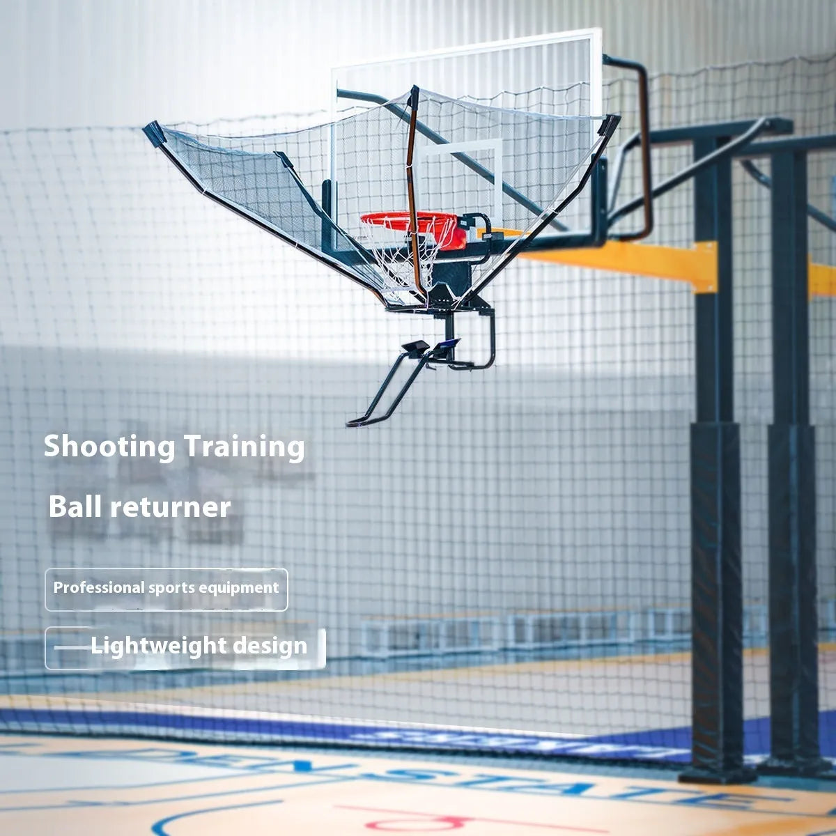 Automatic basketball return training machine hanging on a hoop for solo shooting practice.