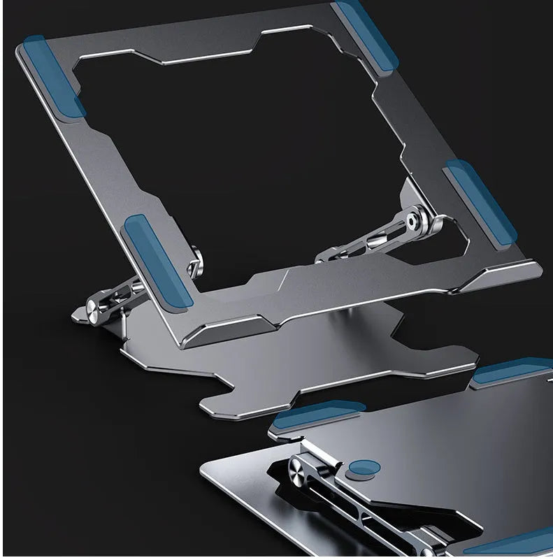 Grey aluminium adjustable laptop stand holding a silver laptop, showing its hollow design and folded position.