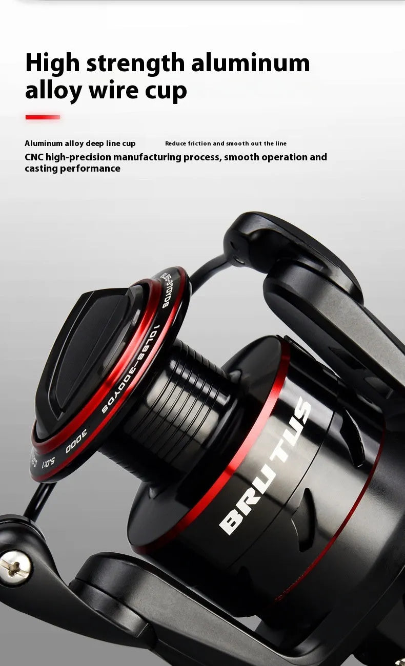 All-metal fishing reel attached to telescopic fishing rod in collapsed position