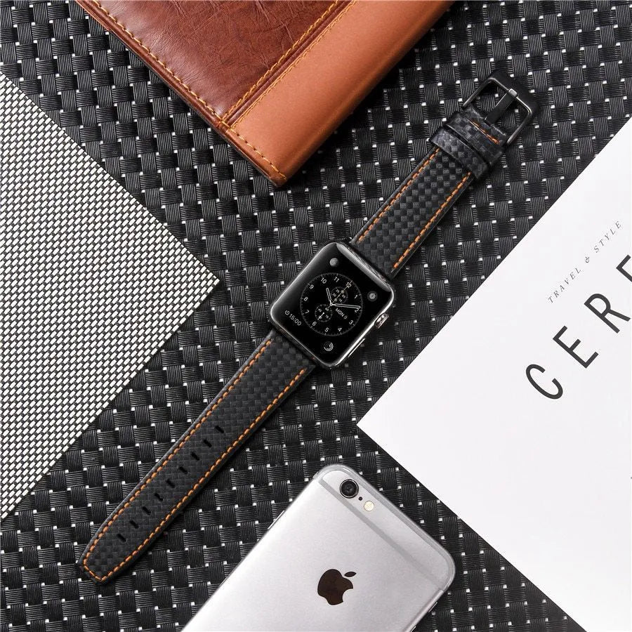 Carbon fibre pattern PC hard shell watch case with leather band in multiple colour options for iPhone compatible watches