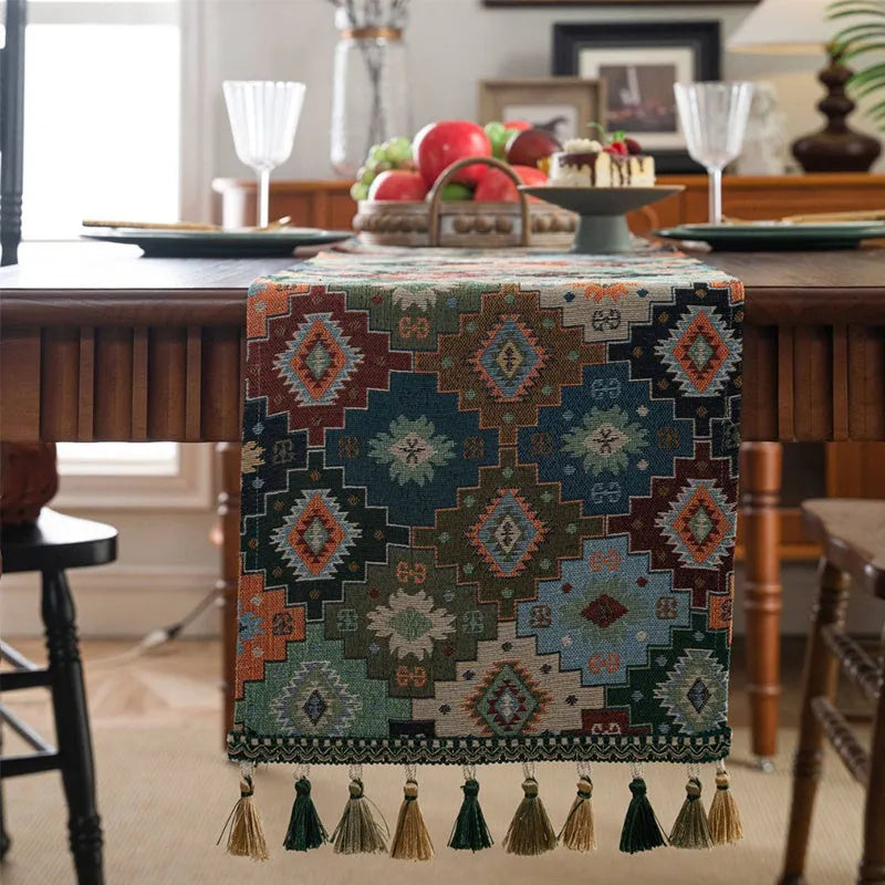 Rhyme Nordic Jacquard table runner with bouquet stripe pattern and tassel trim on dining table
