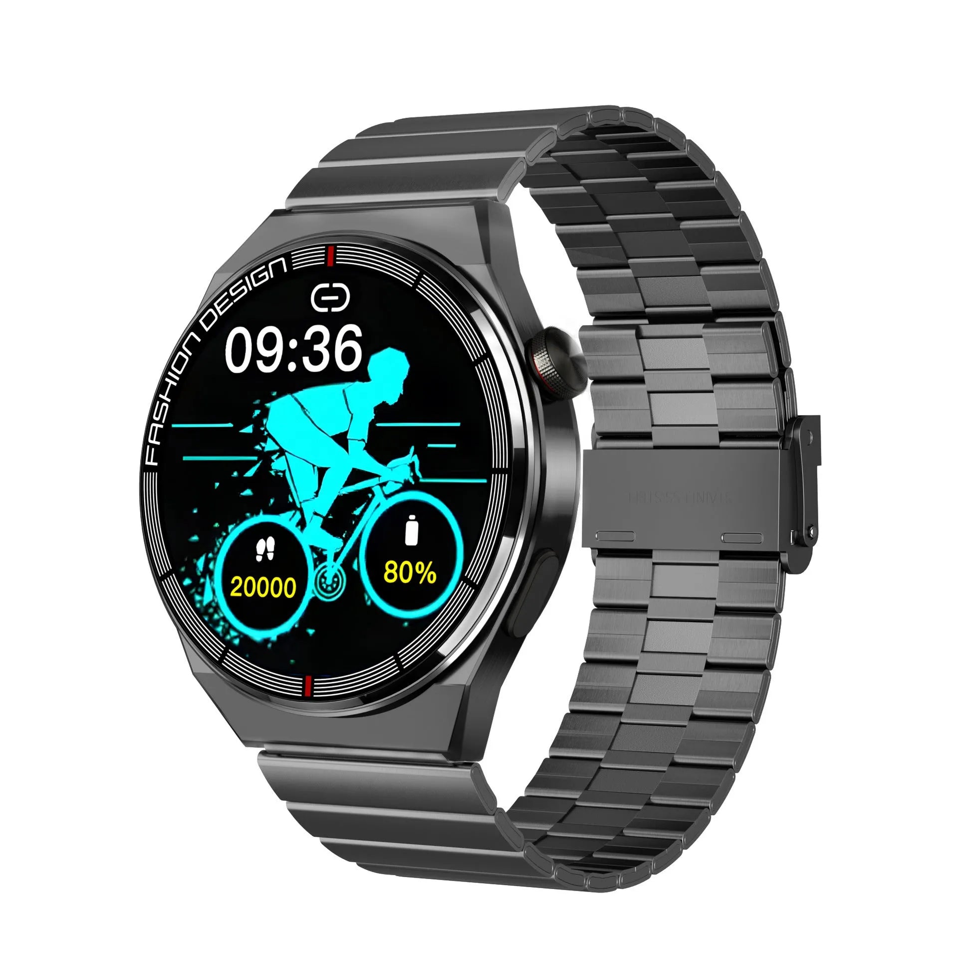 Smartwatch with 1.28-inch display showing health metrics, available in black or silver with silicone or steel straps