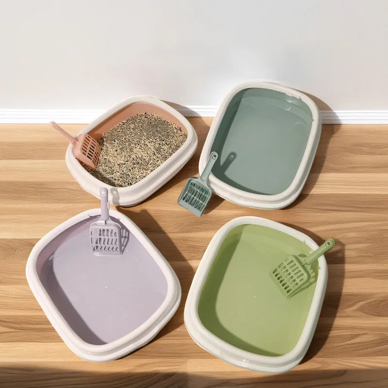 Plastic pet toilet training tray with scoop, anti-splash cat litter box or dog toilet in blue, grey, green or pink