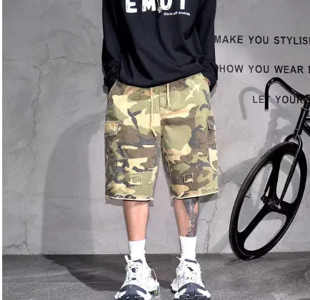 American retro camouflage work shorts in loose cropped fit on mannequin