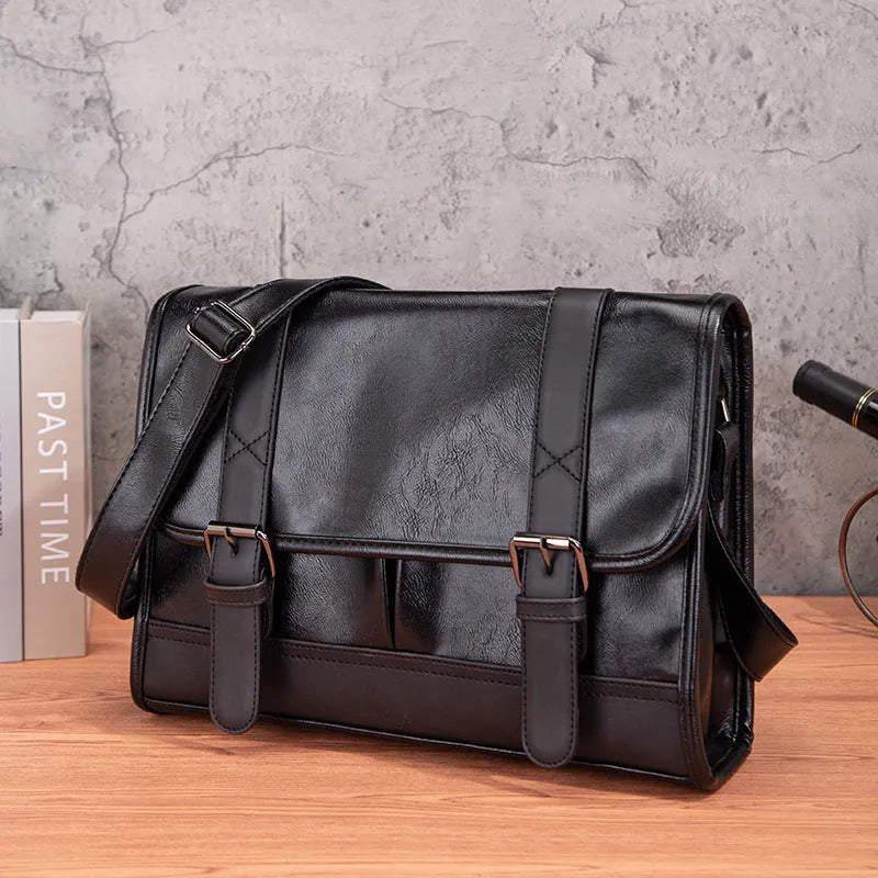 Black Korean style men's commuter backpack with anti-theft features and visible sewing thread detailing