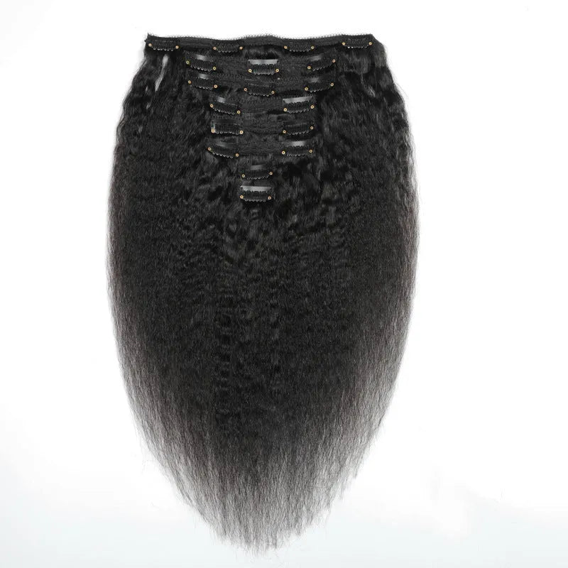 Real human hair clip-in wig set 8 pieces 120g kinky straight black extensions