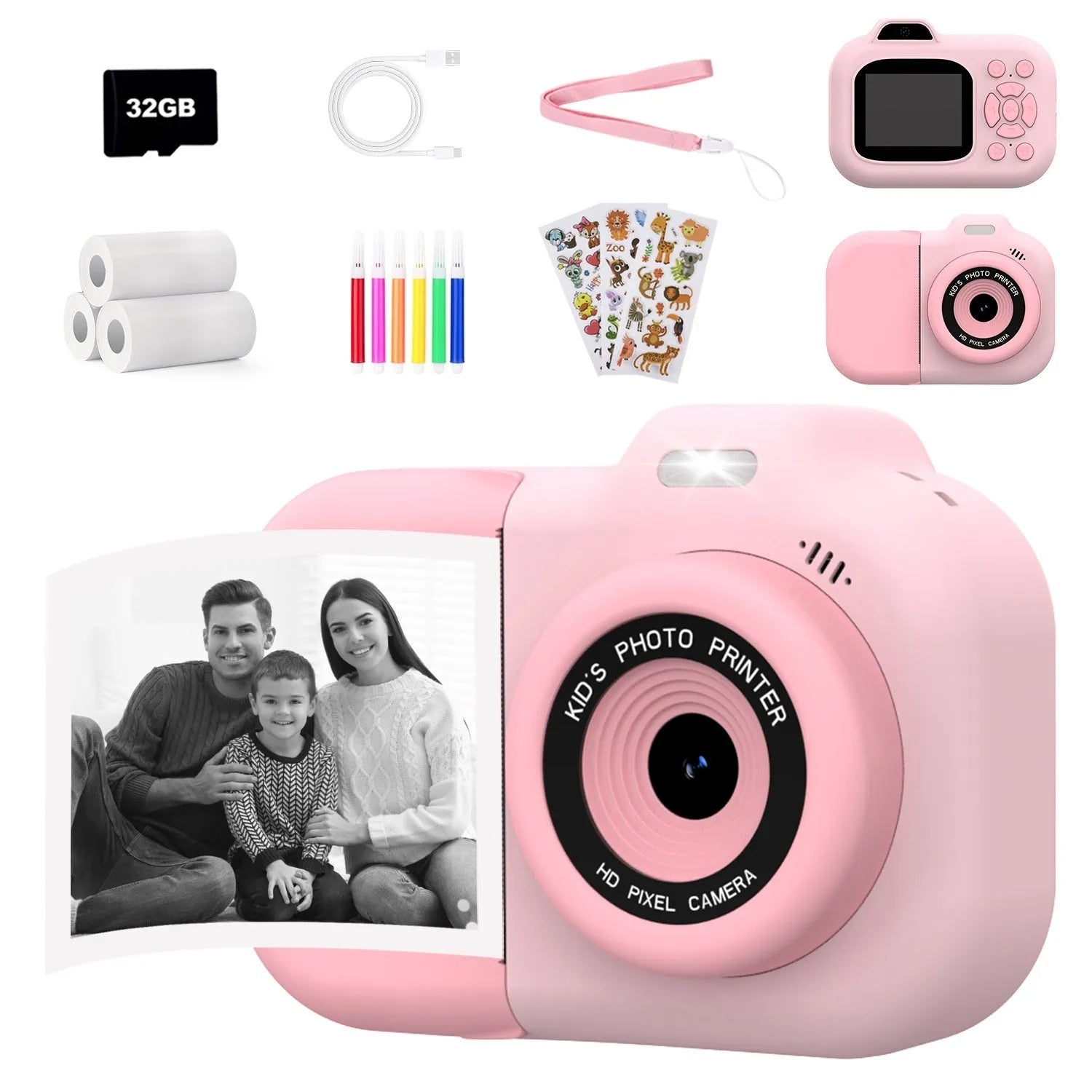 Pink, blue, and purple children's digital camera toy with video recording and photo sticker functions.