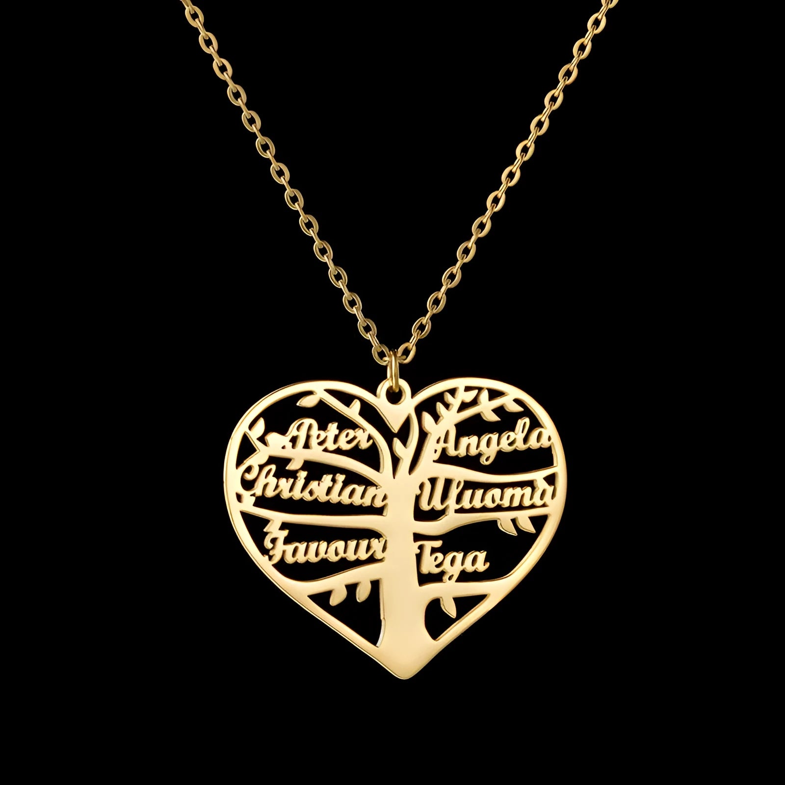 Custom stainless steel necklace with hollow heart tree pendant and engraved names in gold or silver finish