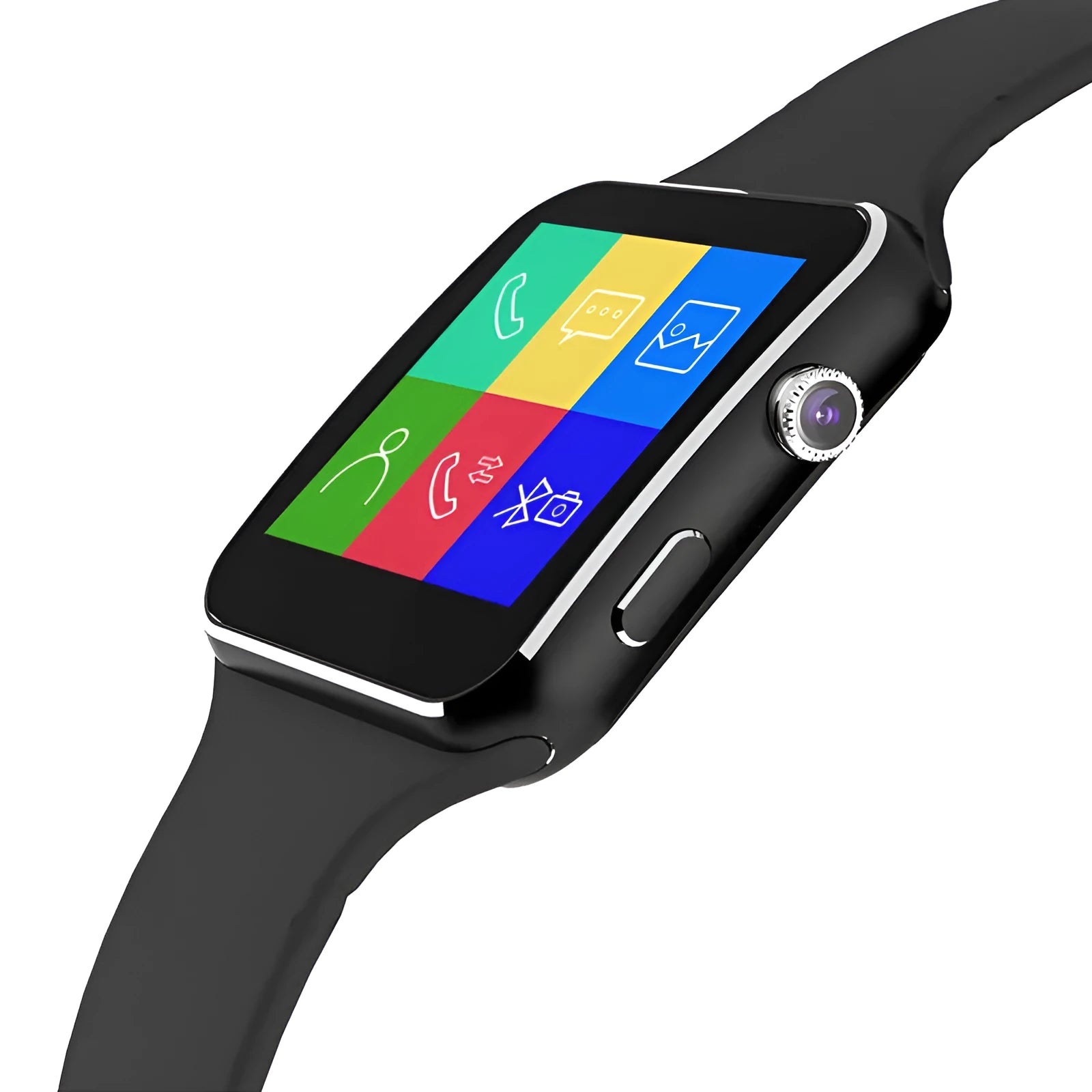 Black smart watch with 1.54 inch touch screen and silicone strap on wrist