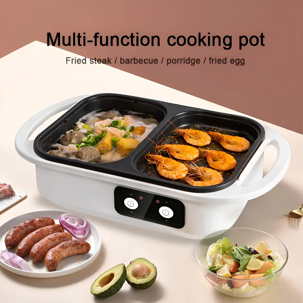 Green and white electric hot pot appliance with frying function on kitchen counter