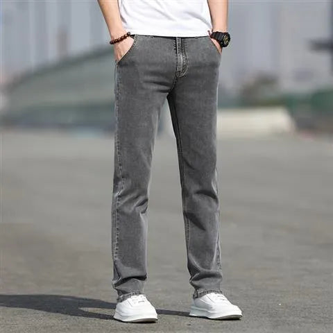Men's smoky gray straight leg jeans with low waist and zipper fly, made from rabbit fur fabric.