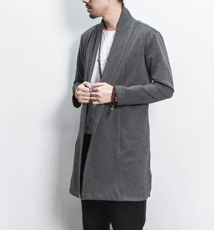 Men's casual linen blend cardigan in dark gray, loose fit with lapel collar, front view