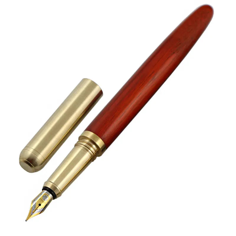 African rosewood vintage brass wood fountain pen with rotary piston and stainless steel nib on white background