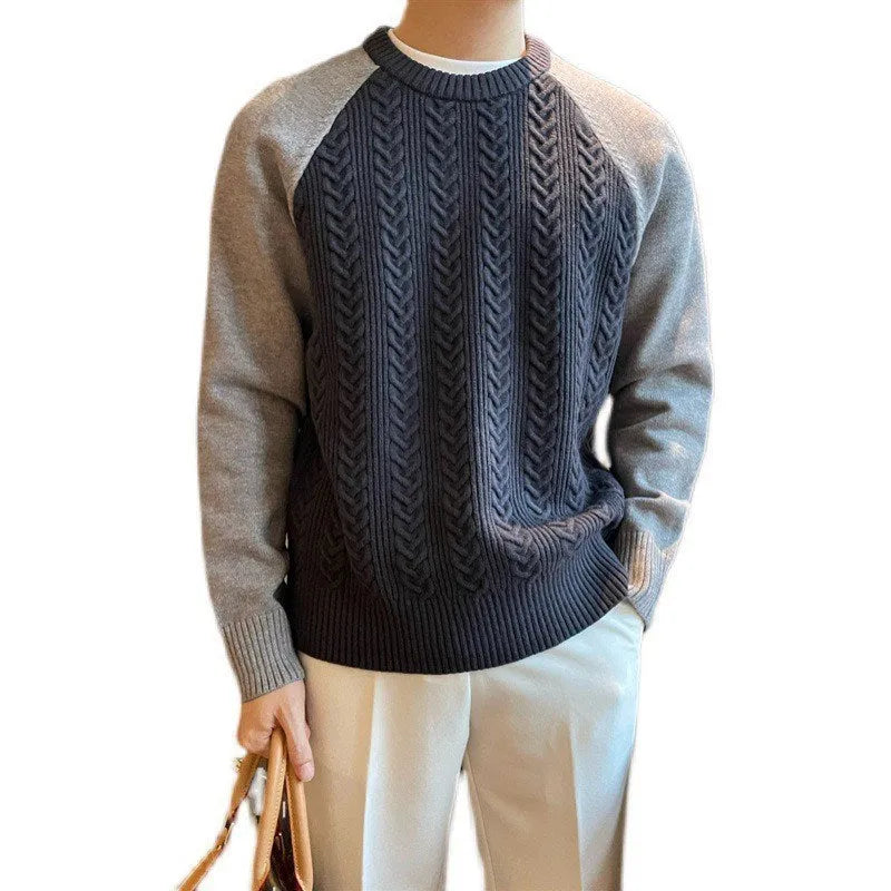 Men's thickened cable knit colour-blocked pullover sweater with long sleeves and round neck in apricot and blue