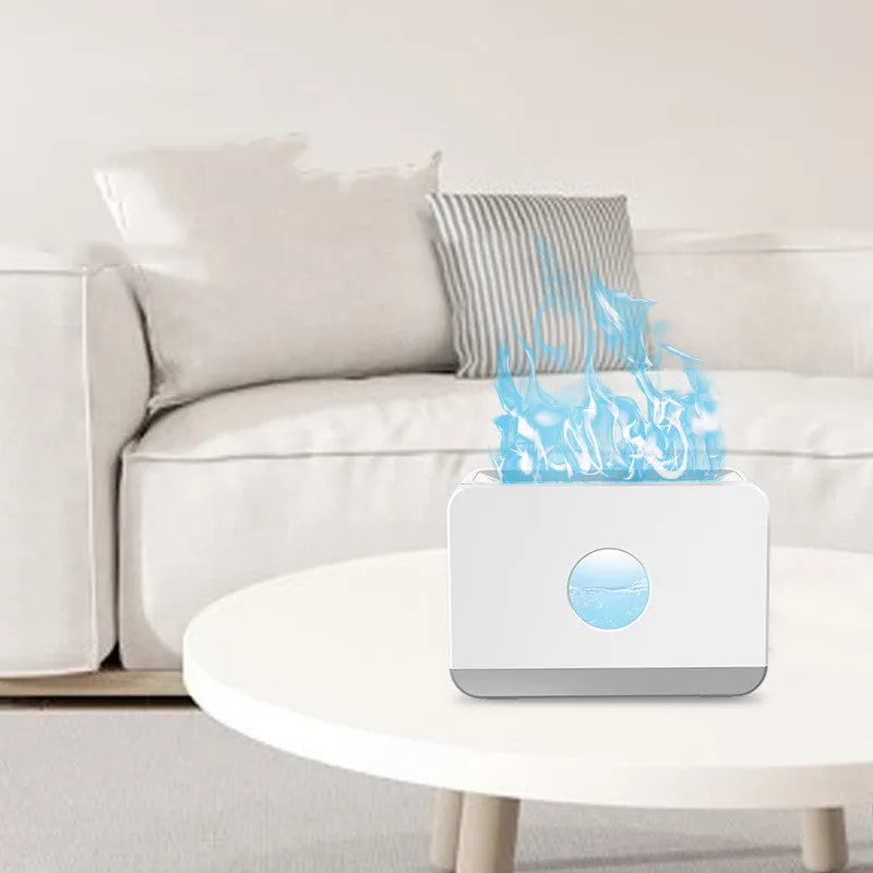 Two-colour flame aromatherapy humidifier with remote control, square plastic design, and water tank