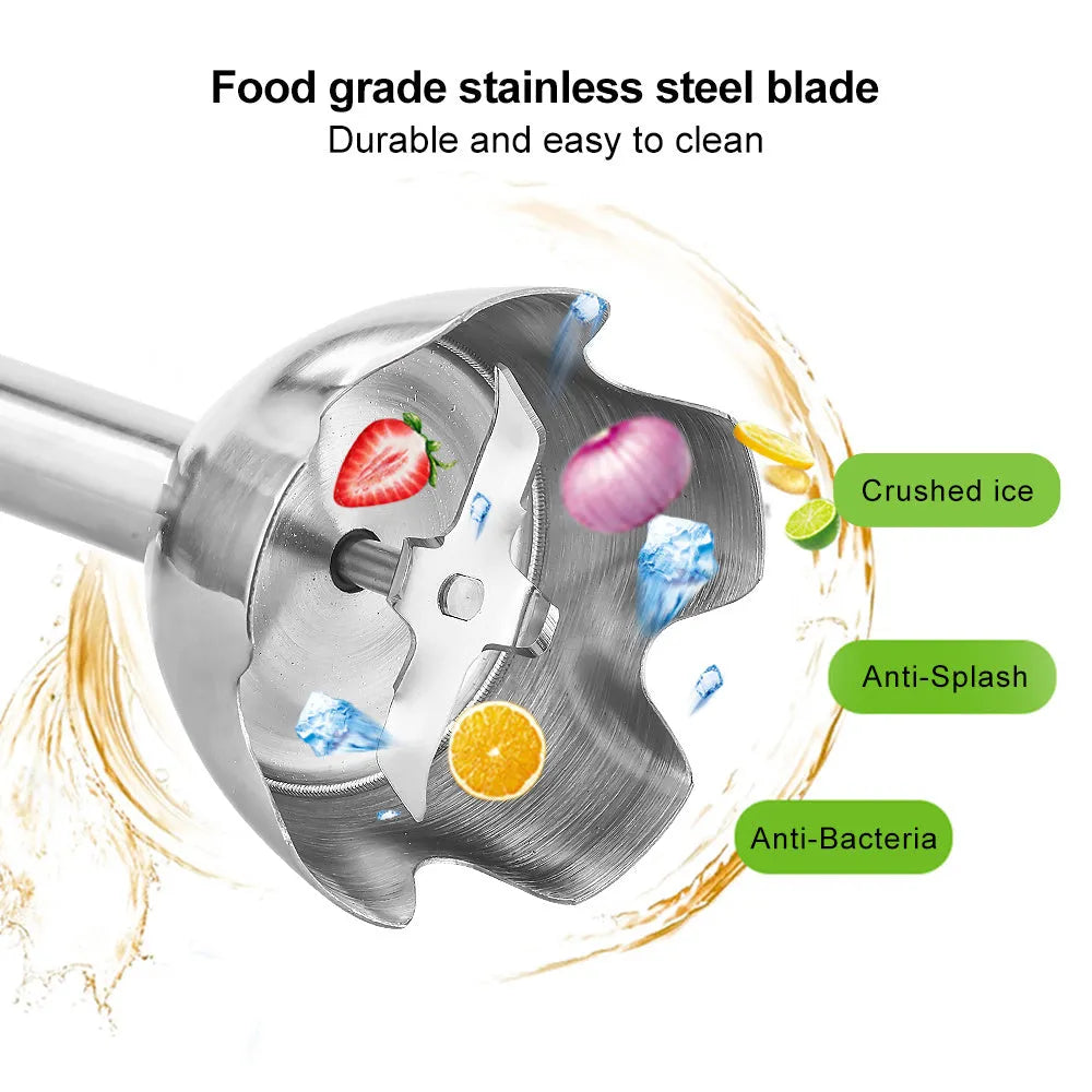 Silver Biolomix hand blender set with stainless steel attachments, chopper bowl, and blending beaker on a kitchen counter