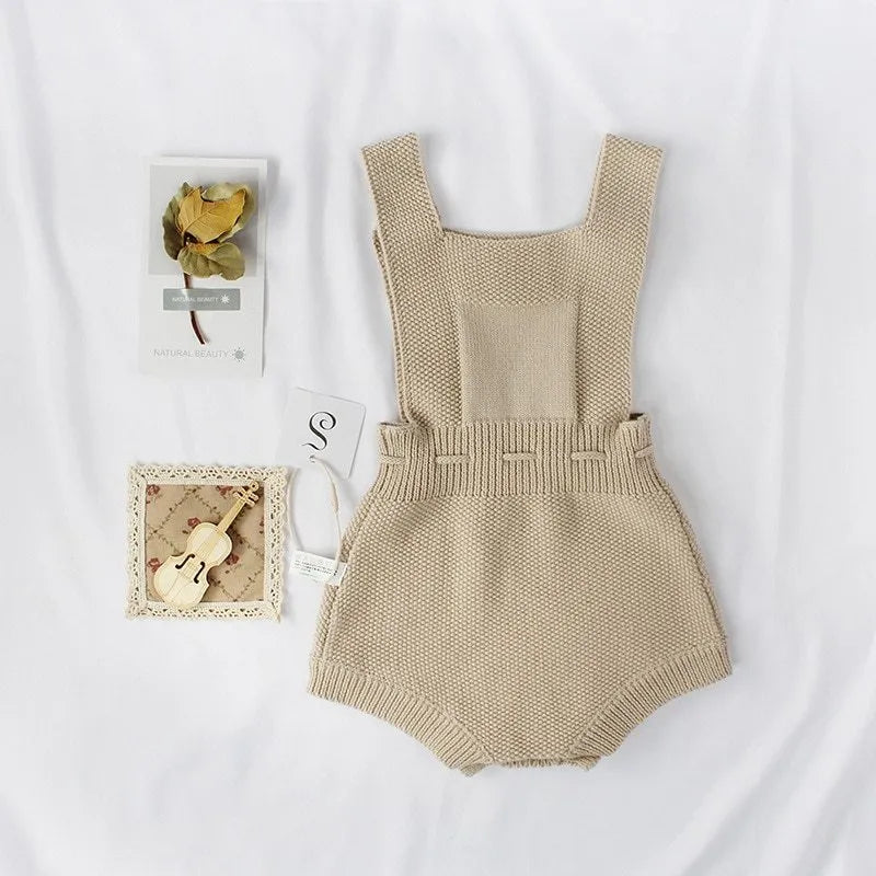 Baby wearing khaki cotton knitted pullover jumpsuit with triangle climbing style, soft fabric, size 73cm