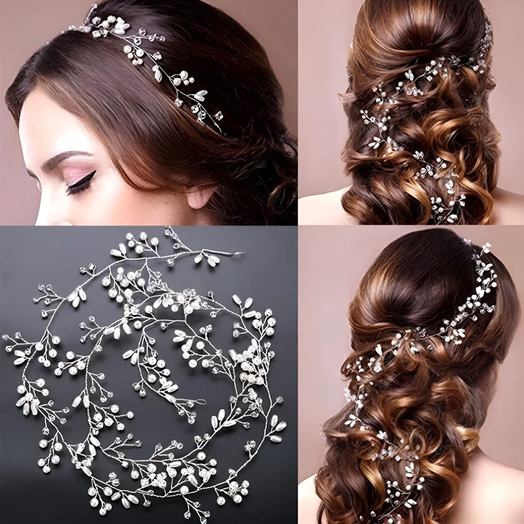 Gold metallic long hair band for brides with pearls, shown coiled.