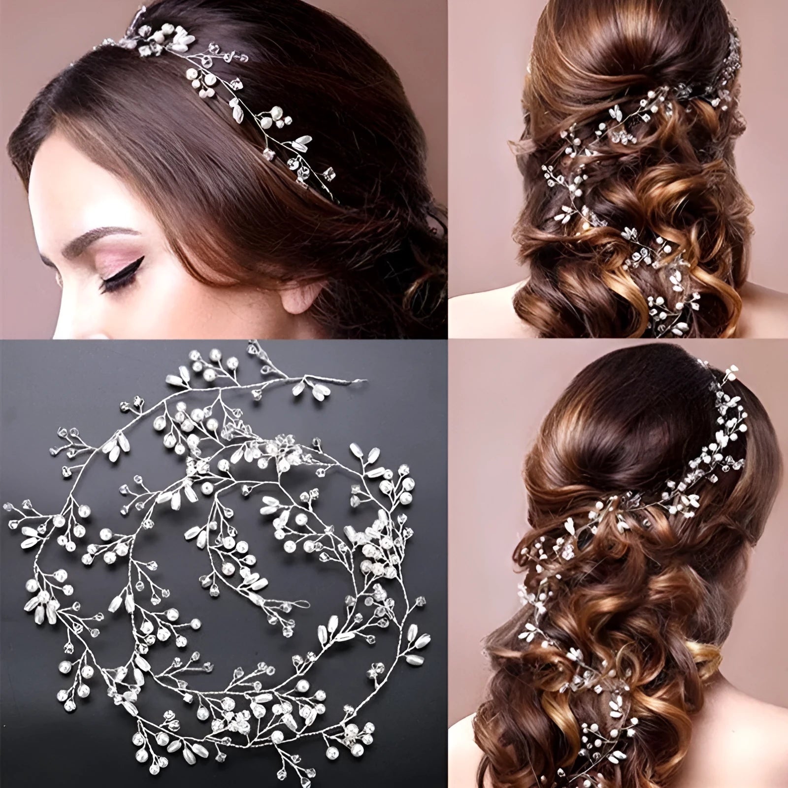 Gold metallic long hair band for brides with pearls, shown coiled.